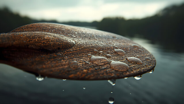 Close-up of wet wooden oar blade with water droplets, blurred river background
