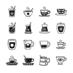 Fototapeta premium Collection of Various Hot Beverage Cups and Glasses with Steam in a Clean Line Art Style