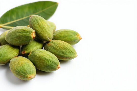Group of fresh green almonds with leaf on white background. Unripe nuts are oval shaped with soft fuzzy shell. Healthy organic food ingredient for cooking and snacking.