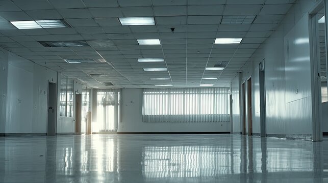 Long empty corridor in an abandoned and neglected building, featuring bright windows with blinds, fluorescent ceiling lights, and reflective floors creating a sterile, silent atmosphere