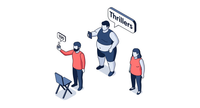 Isometric Illustration of Three People with Speech Bubbles Depicting Thrillers.