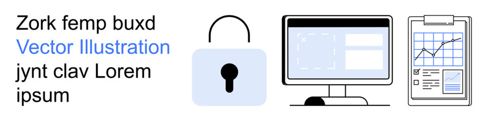 Cybersecurity, data protection, online privacy, digital analytics, business management, information systems. Lock with a keyhole, monitor screen and data chart clipboard. Cybersecurity and data © robu_s