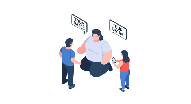 Isometric Illustration of Tour Guide with Tourists Discussing Dates.