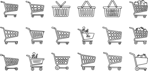 Set of diverse shopping cart and basket line art icons for e-commerce, retail, and market websites. Outline collection for grocery and online store concepts. © arulumia