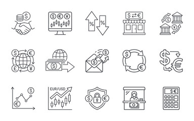 Fototapeta premium Currency Exchange and Global Finance Line Icon Set
