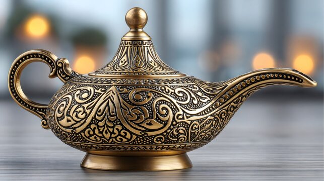 Golden ornate magic lamp granting wishes representing dreams
