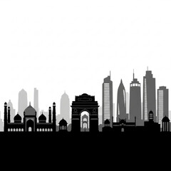 Obraz premium A black and gray silhouette of a city skyline with modern skyscrapers and historic buildings