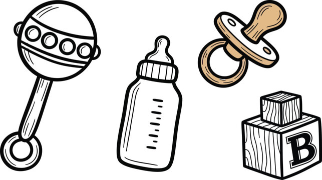 Charming sketch of baby essentials a rattle pacifier bottle and building block for infant care and development