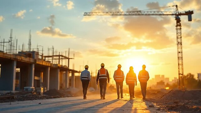 Workers walk towards a sunset at a construction site with a crane.