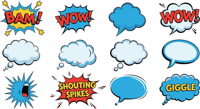 Comic Speech Bubble Icon Set with BAM, WOW, Giggle, Shouting Spikes, and Exclamation Sound Effects for Action and Dialogue Design