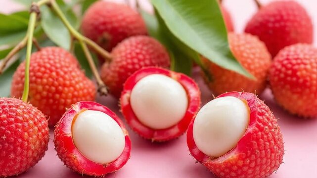 Close-up of fresh lychee fruits, some cut open, on a pink background.