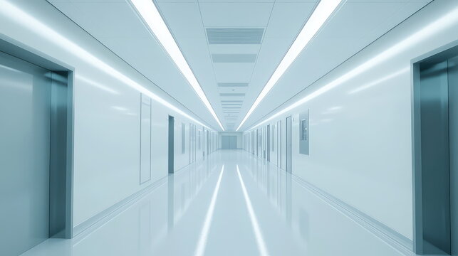 Long, sterile, and minimalist corridor leading to automatic doors in a modern healthcare or scientific clean room facility, creating a sense of forward thinking technology