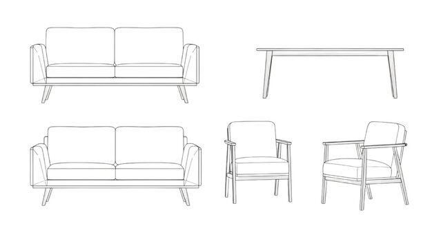 Furniture set with 2D AutoCAD designs of sofa, chair, and table in living room