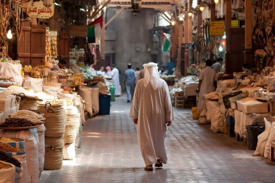 Arab man walking through traditional dubai spice souk market