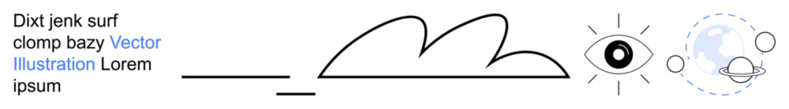 Visual communication, graphic design, creativity, abstract symbolism, conceptual art, simplicity in design. Minimalist shapes including an eye, planetary symbols and abstract lines. Visual