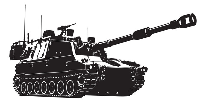 Self Propelled Howitzer Silhouette Vector, Armored Artillery Vehicle, Black and White Military Illustration