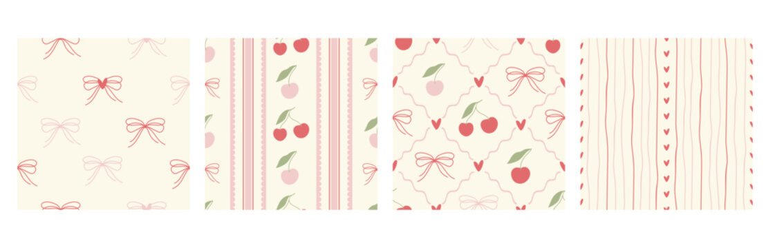 A collection of hand-drawn seamless patterns featuring cherries, bows, and latticework. Perfect for textiles, wallpaper, wrapping paper, and romantic vintage decor.