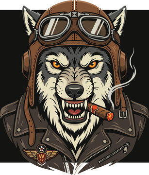 Aggressive wolf pilot with cigar in leather jacket and vintage goggles.