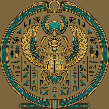 Ancient Egyptian Winged Scarab Beetle Emblem with Hieroglyphics.