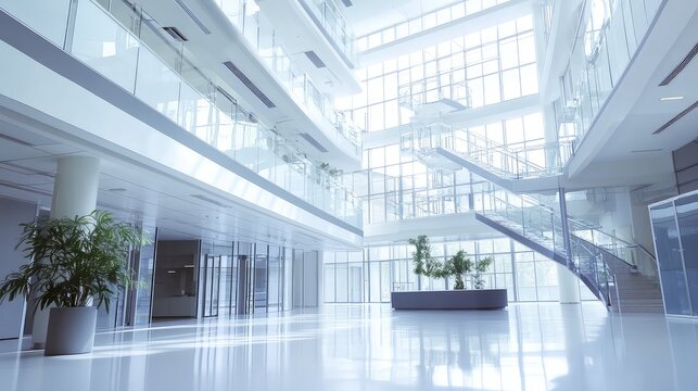 Empty interior of a corporate office building atrium with multiple floors, large glass windows, spiral stairs, and green plant decorations creating a spacious environment