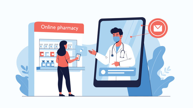 A woman using an online pharmacy app on her phone while a virtual doctor provides consultation, symbolizing digital healthcare and telepharmacy.