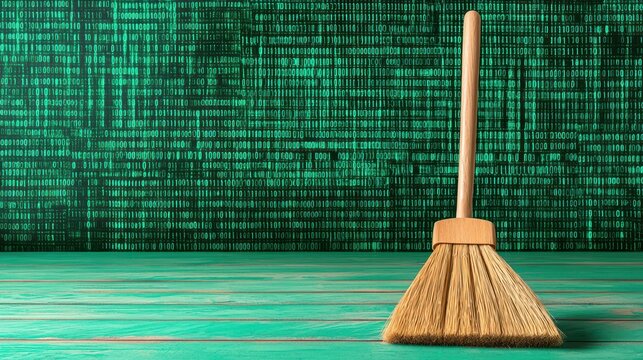 Weathered Broom on Teal Wood Against Glowing Green Digital Code Matrix