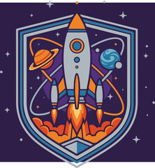 Fototapeta premium Cartoon Rocket Ship Launching Inside A Protective Shield Emblem.