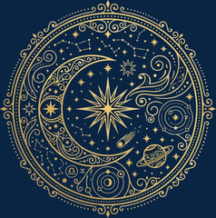 Obraz premium Celestial golden crescent moon and stars in ornate mandala circle.