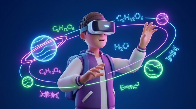 Student wearing virtual reality glasses interacts with floating digital projections of chemical formulas and planetary models in a simulated classroom environment.