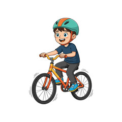 Fototapeta premium Young Boy Riding Orange and Yellow Bicycle Wearing Green Helmet