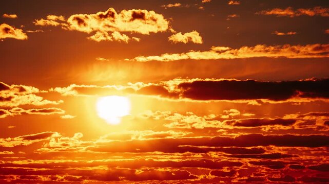 Bright orange sun moves downward behind horizontal layers of dark silhouetted clouds in a dramatic sky. Concept of passing time, nature beauty, and atmospheric weather patterns.