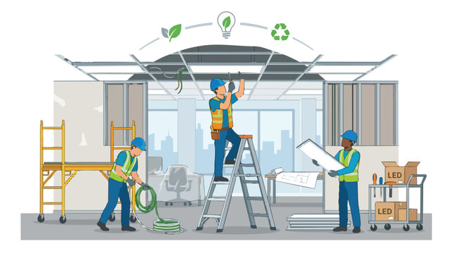 Sustainable Building Renovation with Electricians Installing Energy Efficient LED Lighting Systems for Modern Commercial Interior