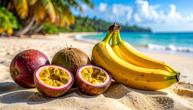 Tropical fruits on sandy beach