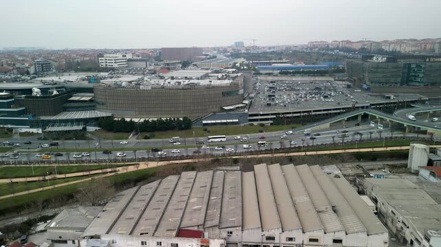 Istanbul/Turkey circa 2023: Marmara Forum shopping mall drone parallel shot