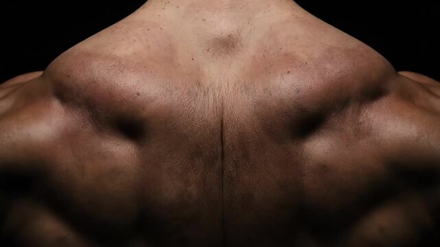 Close-up shot of a man's muscular back and shoulders against dark background.