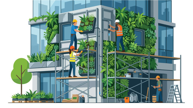 Green Building Facade Installation Workers Constructing Vertical Garden on Modern Architecture Exterior Sustainable Industry Concept