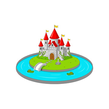 Whimsical Castle on Island with Ducks in Blue Moat Surrounded by Birds