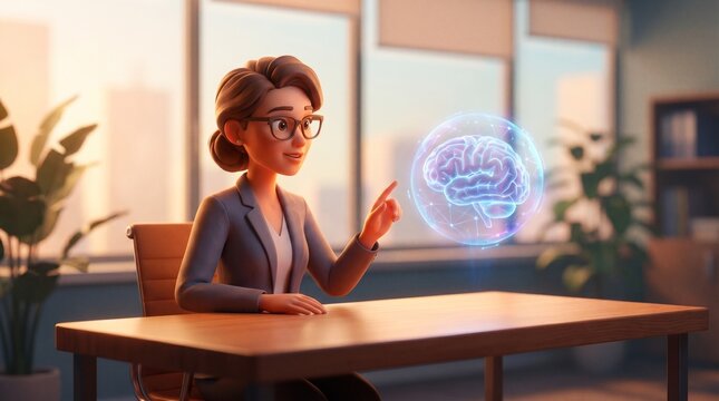 Businesswoman interacts with a floating digital hologram of a human brain inside a modern office environment.