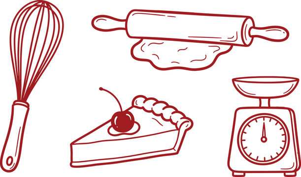 Charming sketch of baking tools and treats a whisk rolling pin pie and kitchen scale illustration