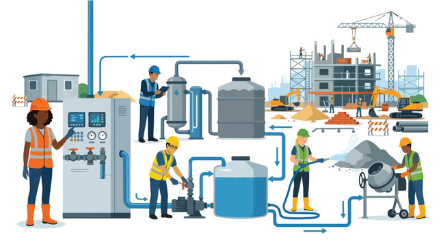Construction Site Water Treatment Plant Industrial Process Vector Illustration with Diverse Workers Operating Equipment