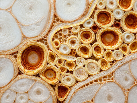 Human compact bone osteon histology illustration showing Haversian canals concentric lamellae osteocyte lacunae and bone tissue architecture in warm amber gold tones on ivory background