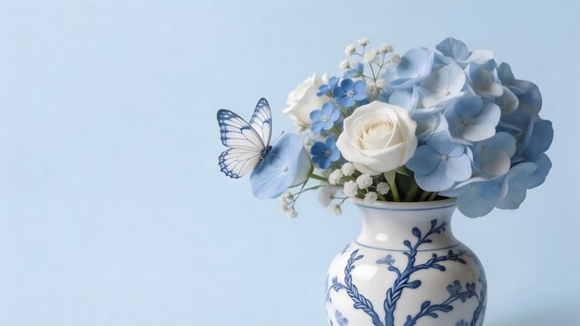 Blue and white floral arrangement with butterfly