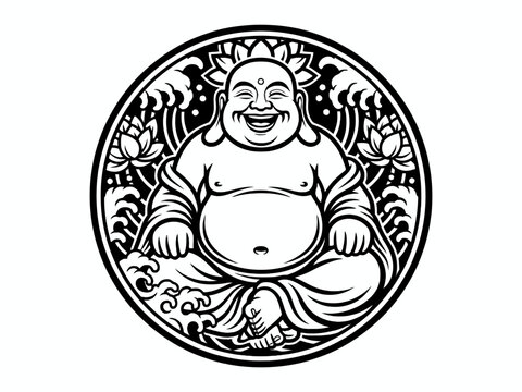 Laughing Buddha Sitting with Lotus Flowers in Circular Frame