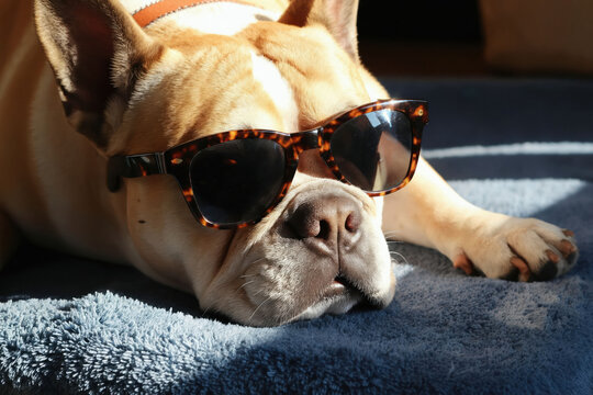 French bulldog dog wears tortoise shell sunglasses lying on blue soft blanket indoor. The pet looks cool and relaxed, enjoying sunny day and warm comfort.