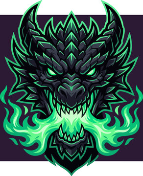 Fierce dragon head illustration with green fire breath.