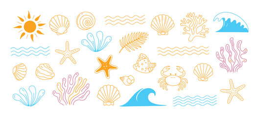summer boho vintage sticker collection, hand drawn vector collage elements, palm trees, ocean sun, seashells, coral reef, and crab, groovy naive style tropical surf club design for travel prints. © Mobarok Hossen Munna