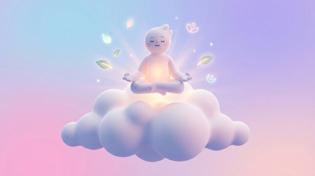 Meditator floats peacefully on a cloud while surrounded by floating leaves and soft radiance.
