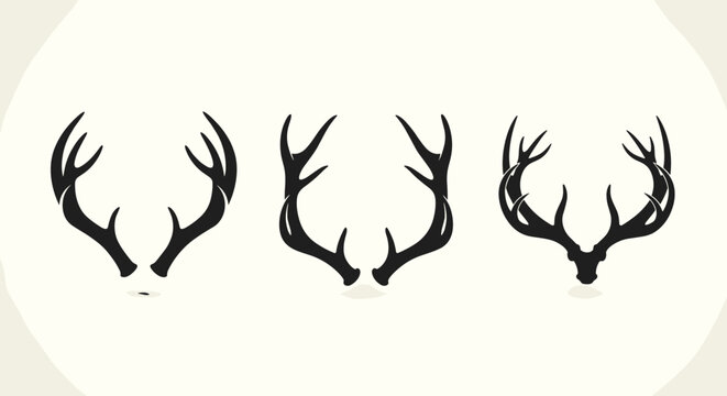 Set of three distinct deer antler silhouettes illustrating different point structures for hunting, nature, or rustic logo design concepts.