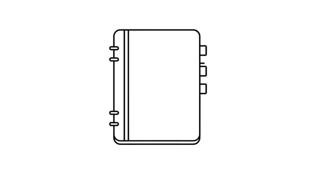 Simple line art icon of a spiral bound notebook or diary with side tabs representing organization, planning, and educational stationery tools.