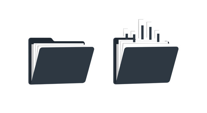 Dark blue file folder icons showing one closed version and another with business bar charts emerging to represent data storage and analysis.